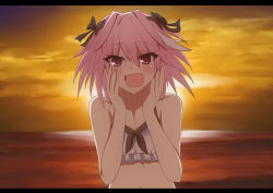 Rule 34 | 1boy, ashino moto, astolfo (fate), blush, braid, fang, fate/apocrypha, fate/grand order, fate (series), hair ribbon, highres, long hair, looking at viewer, male focus, official alternate costume, open mouth, pink hair, purple eyes, ribbon, smile, solo, trap
