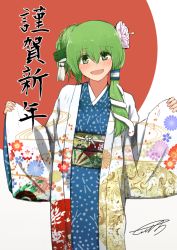 Rule 34 | 1girl, :d, alternate costume, alternate hairstyle, asymmetrical hair, bad id, bad pixiv id, floral print, flower, frog hair ornament, green eyes, green hair, hair flower, hair ornament, happy new year, kochiya sanae, long hair, looking at viewer, matching hair/eyes, new year, obi, open mouth, sash, side ponytail, smile, snake hair ornament, solo, tebukuro withana, touhou, unmoving pattern, wide sleeves