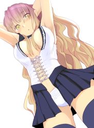 Rule 34 | 1girl, alternate costume, armpits, arms behind head, arms up, blue thighhighs, blush, breasts, brown hair, dutch angle, from below, gradient hair, hijiri byakuren, ishikkoro, multicolored hair, open mouth, panties, purple hair, simple background, sleeveless, solo, thighhighs, touhou, two-tone hair, underwear, white background, white panties, zettai ryouiki