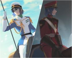 Rule 34 | 1boy, athrun zala, belt, blue hair, blue sky, gloves, green eyes, gundam, gundam seed, hair between eyes, hat, high collar, highres, holding, holding pole, horseback riding, jacket, looking to the side, male focus, military, military hat, military uniform, multiple views, nito minatsuki, parted bangs, pole, red headwear, red jacket, riding, saddle, short hair, shoulder strap, sky, uniform, upper body, white gloves, white headwear, white jacket