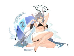 Rule 34 | 1girl, absurdres, ahoge, alternate costume, animal ear fluff, animal ears, arm behind head, armpits, ass, barefoot, bikini, black bikini, black nails, blue archive, blue eyes, breasts, broken halo, cleavage, commentary request, cross hair ornament, grey hair, hair between eyes, hair ornament, halo, highres, innertube, knee up, large breasts, liwendala, long hair, looking at viewer, mismatched pupils, nail polish, navel, shiroko (blue archive), shiroko terror (blue archive), sidelocks, simple background, sitting, sleeveless, solo, stomach, swim ring, swimsuit, white background, wolf ears, wolf girl