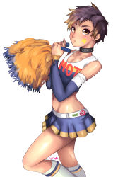 Rule 34 | 1boy, androgynous, artist name, ashley hamilton, belt, blonde hair, blush, cheerleader, choker, crop top, crossdressing, detached sleeves, frown, looking at viewer, male focus, miniskirt, multicolored hair, nail polish, original, pom pom (cheerleading), purple hair, short hair, side shave, simple background, skirt, solo, toxxy, trap, two-tone hair, white background, yellow eyes