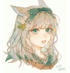 Rule 34 | 1girl, animal ears, aqua eyes, bow, cat ears, cropped head, facial mark, ff14 pp2, final fantasy, final fantasy xiv, flower, grey hair, hair bow, hair flower, hair ornament, leaf, looking at viewer, medium hair, miqo&#039;te, parted lips, portrait, signature, simple background, solo, warrior of light (ff14), white background