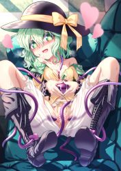 Rule 34 | 1girl, black footwear, black hat, bloomers, blush, boots, bow, censored, couch, coush, cross-laced footwear, cum, dress, green eyes, green hair, green nails, hair between eyes, hat, hat bow, heart, heart hands, highres, knee boots, komeiji koishi, lace-up boots, lying, nail polish, nomayo, on back, open mouth, pussy, shoe soles, short hair, solo, spread pussy, third eye, touhou, underwear, veins, white bloomers, yellow dress