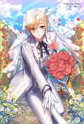 Rule 34 | 1boy, 1girl, blonde hair, blue sky, bouquet, bridal veil, cloud, day, flower, formal, gloves, green eyes, heart, hetero, holding, holding bouquet, holding hands, light smile, looking at viewer, male focus, official art, original, outdoors, pants, path, petals, road, sid story, sila (carpen), sky, solo focus, suit, veil, vest, wedding, white gloves, white pants, white suit, white vest