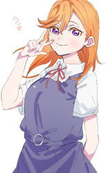 Rule 34 | 1girl, closed mouth, collared shirt, commentary request, dress, hair between eyes, highres, looking at viewer, love live!, love live! superstar!!, medium hair, neck ribbon, orange hair, pinafore dress, purple dress, purple eyes, red ribbon, ribbon, school uniform, shibuya kanon, shirt, short sleeves, sleeveless, sleeveless dress, solo, standing, summer uniform, swept bangs, translation request, upper body, w, white background, white shirt, ykepouty, yuigaoka school uniform