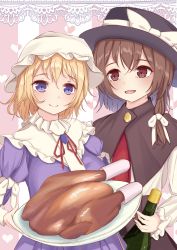 Rule 34 | 2girls, absurdres, alcohol, aqpaca, blonde hair, blush, bottle, bow, bowtie, breasts, brown capelet, brown eyes, brown hair, buttons, capelet, chicken (food), commentary request, dress, food, frills, grey headwear, hair between eyes, hair bow, hand up, hands up, hat, hat bow, heart, highres, juliet sleeves, long sleeves, looking at another, looking at viewer, maribel hearn, medium breasts, mob cap, multiple girls, necktie, open mouth, pink background, plate, puffy long sleeves, puffy sleeves, purple dress, purple eyes, red bow, red bowtie, red necktie, shirt, smile, standing, striped, striped background, touhou, usami renko, white background, white bow, white headwear, white shirt, wine