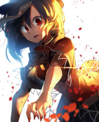 Rule 34 | 1girl, backlighting, beret, black hair, black ribbon, black skirt, blood, blood splatter, fang, hat, highres, jiangshi, looking at viewer, miyako yoshika, nail polish, neck ribbon, ofuda, open mouth, outstretched arms, peach camellia, red eyes, red nails, red shirt, ribbon, shirt, short hair, short sleeves, skirt, solo, touhou, upper body, zombie pose