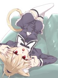 Rule 34 | 1girl, :o, andou tazusa, animal ear fluff, animal ears, arms up, assault lily, black ribbon, black skirt, blonde hair, buttons, cat ears, cat girl, cat tail, claw pose, commentary request, couch, crossed legs, frilled skirt, frills, gumoyu, hair between eyes, high-waist skirt, juliet sleeves, kemonomimi mode, leg ribbon, long sleeves, looking at viewer, lying, miniskirt, neck ribbon, on back, on couch, open mouth, ponytail, puffy sleeves, red eyes, ribbon, school uniform, shirt, short hair, simple background, skirt, solo, tail, thigh ribbon, thighhighs, upside-down, white background, white shirt, white thighhighs, yurigaoka girls academy school uniform, zettai ryouiki