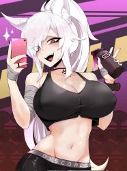 Rule 34 | 1girl, animal ear fluff, animal ears, arm wrap, bandaged hand, bandages, black choker, black eyeshadow, black pants, black sports bra, breasts, character name, choker, cleavage, collarbone, cup, discordia (vtuber), eyes visible through hair, eyeshadow, fox ears, fox girl, gamer supps, hair between eyes, highres, holding, holding cup, holding phone, jewelry, large breasts, long hair, makeup, midriff, mole, mole on breast, navel, open mouth, pants, phone, ponytail, purple nails, red eyes, ring, rumi (rumigawa31), second-party source, selfie, solo, sparkle, sports bra, teeth, tongue, upper teeth only, vfleet, virtual youtuber, white hair, yoga pants, zipper pull tab