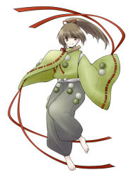 Rule 34 | 1girl, aino yumeri, barefoot, brown eyes, brown hair, folded fan, folding fan, hair ribbon, hakama, hakama skirt, hand fan, japanese clothes, long hair, miko, original, ponytail, ribbon, simple background, skirt, sleeves past wrists, smile, solo, traditional clothes, wide sleeves