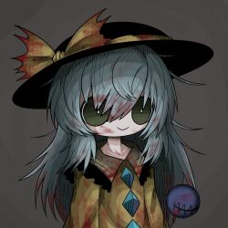 Rule 34 | black hat, blood, blood in hair, blood on clothes, blood on face, blood stain, bright pupils, buttons, diamond (shape), diamond button, frilled shirt, frilled shirt collar, frills, green eyes, green hair, hair between eyes, hat, highres, komeiji koishi, long hair, long sleeves, ribbon, shirt, simple background, smile, stitches, third eye, torn clothes, torn ribbon, touhou, very long hair, white pupils, yellow ribbon, yellow shirt, zunusama