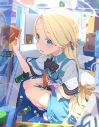 Rule 34 | 1girl, absurdres, angel wings, apron, black bow, black bowtie, blonde hair, blue apron, blue archive, blue eyes, blush, bottle, bow, bowtie, box, cardboard box, employee uniform, energy drink, forehead, hair ribbon, halo, highres, holding, indoors, long hair, looking at viewer, ogipote, open mouth, ribbon, shirt, short sleeves, solo, sora (blue archive), squatting, two side up, uniform, white shirt, wings