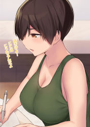 Rule 34 | 1girl, bare shoulders, blush, breasts, brown eyes, brown hair, cccpo, cleavage, collarbone, commentary request, green tank top, highres, holding, holding pen, large breasts, open mouth, original, pen, pixie cut, short hair, solo, tank top, tomboy, translated