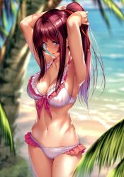 Rule 34 | 1girl, absurdres, armpits, arms behind back, arms up, bare arms, bare shoulders, beach, bikini, blurry, blurry background, blush, breasts, brown hair, cleavage, collarbone, cowboy shot, day, frilled bikini, frills, highres, large breasts, long hair, looking at viewer, medium breasts, mole, navel, ocean, open mouth, original, outdoors, palm leaf, palm tree, piromizu, ponytail, purple eyes, scan, sidelocks, solo, standing, stomach, swimsuit, tree, water