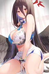 Rule 34 | 1girl, alternate costume, bare legs, bare shoulders, black hair, black wings, blue archive, blush, bracelet, breasts, cheerleader, cleavage, feathered wings, gloves, groin, hair between eyes, halo, hasumi (blue archive), highres, jewelry, large breasts, large wings, long hair, looking at viewer, low wings, mole, mole under eye, mutenka (plfgb), navel, parted lips, partially fingerless gloves, red eyes, red halo, sitting, solo, very long hair, wariza, wings