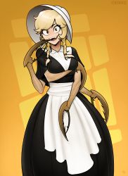 Rule 34 | 1girl, absurdres, apron, arm under breasts, arthropod girl, black dress, blonde hair, braid, cliffside, collared dress, cordie (cliffside), dress, extra arms, fenixman12, hat, highres, insect girl, long hair, looking at viewer, monster girl, open mouth, short sleeves, smile, solo, spider girl, twin braids, white apron, white hat, yellow background, yellow eyes