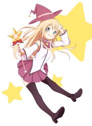 Rule 34 | 1girl, :p, black footwear, blonde hair, blue eyes, boots, commentary, cosplay, detached sleeves, full body, hat, highres, holding, holding wand, long hair, looking at viewer, magical girl, minatsuki hitoka, mirakurun, mirakurun (cosplay), pleated skirt, purple skirt, skirt, smile, solo, star (symbol), starry background, thigh boots, thighhighs, tongue, tongue out, toshinou kyouko, w, wand, white background, witch hat, yuru yuri
