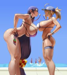Rule 34 | 3girls, ahoge, asphyxiation, ass, bikini, breasts, curvy, drowning, duplicate, eu03, fate/grand order, fate (series), hand on own hip, hat, huge breasts, leaning forward, long hair, looking at another, minamoto no raikou (fate), multiple girls, mysterious heroine x (fate), mysterious heroine xx (fate), piscina, ponytail, shuten douji (fate), standing, submerged, swimsuit, thigh strap, very long hair, whistle, whistle around neck