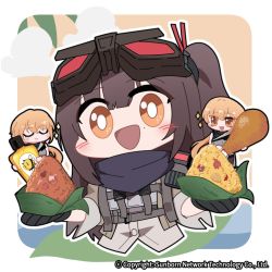 Rule 34 | 2girls, bare shoulders, black gloves, blonde hair, blush, brown eyes, brown hair, closed mouth, commentary request, copyright notice, food, food focus, girls&#039; frontline, girls&#039; frontline 2: exilium, gloves, goggles, goggles on head, hair between eyes, holding, holding food, long hair, looking at viewer, madcore, mayling shen (girls&#039; frontline 2), mole, mole under eye, multiple girls, multiple views, one side up, open mouth, ots-14 (girls&#039; frontline), scarf, shirt, short sleeves, smile, star (symbol), upper body
