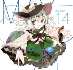 Rule 34 | 1girl, adapted costume, alternate costume, bad id, bad twitter id, bow, cierra (ra-bit), english text, eyeball, frilled skirt, frills, green eyes, green hair, hat, hat bow, komeiji koishi, long sleeves, looking at viewer, matching hair/eyes, open mouth, outstretched arms, ra-bit, shirt, simple background, skirt, smile, solo, string, text focus, third eye, touhou, white background, wide sleeves