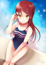 Rule 34 | 10s, 1girl, aibumi, bad id, bad pixiv id, blush, breasts, competition swimsuit, from above, hair ornament, hairclip, highres, long hair, looking at viewer, love live!, love live! sunshine!!, medium breasts, one-piece swimsuit, pen-zin, red hair, sakurauchi riko, sitting, smile, solo, swimsuit, thighs, yellow eyes
