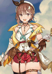 Rule 34 | atelier (series), atelier ryza, atelier ryza 2, belt, blue sky, braid, breasts, brown belt, brown eyes, brown gloves, brown hair, cleavage, cloud, cowboy shot, gloves, highres, jacket, key, key necklace, large breasts, leather, leather belt, leather gloves, lingyan heiye, necklace, partially fingerless gloves, red shorts, reisalin stout, short hair, short shorts, shorts, single sidelock, single thighhigh, sky, sleeveless, sleeveless jacket, solo, thick thighs, thigh strap, thighhighs, thighs, white headwear, yellow jacket