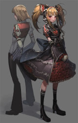 Rule 34 | 1boy, 1girl, blonde hair, bob cut, bow, detached sleeves, dress, frilled skirt, frills, gothic lolita, hair bow, heroes lore v, lolita fashion, red eyes, repi, skirt, twintails