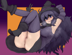 Rule 34 | 1girl, @ @, adapted costume, ahoge, anus, arm behind head, arm up, arm warmers, armpits, ass, black footwear, black gloves, black hat, black skirt, blush, boots, breasts, censored, cleft of venus, creatures (company), female focus, game freak, gloves, hand up, hat, heart, heart censor, hex maniac (pokemon), high heels, highres, iegami, jpeg artifacts, large breasts, long hair, looking at viewer, nintendo, no panties, npc trainer, open mouth, orange background, pokemon, pokemon xy, purple background, purple eyes, purple hair, purple thighhighs, pussy, shirt, simple background, skirt, sleeveless, sleeveless shirt, smile, solo, steam, sweat, thighhighs, turtleneck, upskirt, w, witch hat