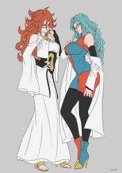 Rule 34 | 2girls, absurdres, adjusting eyewear, android 21, android 21 (cosplay), aqua hair, arm warmers, artist name, asymmetrical footwear, black legwear, blue dress, blue eyes, blue footwear, boots, breasts, brown hair, clothing cutout, coat, corset, cosplay, costume switch, crossover, dragon ball, dragon ball fighterz, dress, earrings, full body, glasses, gold footwear, gold trim, green eyes, grey background, hair between eyes, hand on own chest, hand on own hip, high heel boots, high heels, highres, jewelry, juhuca, large breasts, long hair, looking at viewer, medium breasts, mismatched footwear, multiple girls, off shoulder, one-punch man, orange dress, orange footwear, parted bangs, psychos (cosplay), psychos (one-punch man), psykos, scowl, short dress, shoulder cutout, signature, simple background, sleeveless, sleeveless dress, standing, thighhighs, turtleneck, turtleneck dress, two-tone dress, wavy hair, white coat, white dress, wide sleeves