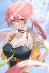 Rule 34 | 1girl, absurdres, blush, breasts, brown eyes, cleavage, collarbone, commentary, commission, daily (daily178900), eiyuu densetsu, frills, highres, large breasts, long hair, looking at viewer, neck ribbon, pink hair, pixiv commission, ribbon, sara valestein, sen no kiseki, smile