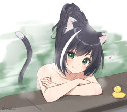 Rule 34 | 1girl, alternate hairstyle, animal ear fluff, animal ears, anz32, bad id, bad pixiv id, black hair, blush, cat ears, cat girl, cat tail, closed mouth, collarbone, commentary request, completely nude, crossed arms, green eyes, hair between eyes, karyl (princess connect!), looking at viewer, multicolored hair, nude, onsen, partially submerged, princess connect!, rubber duck, smile, solo, split mouth, steam, streaked hair, tail, tail raised, twitter username, upper body, water, white hair