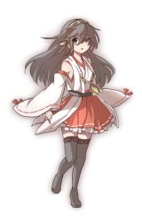 Rule 34 | 10s, 1girl, bare shoulders, black footwear, black hair, boots, detached sleeves, frilled skirt, frills, full body, hairband, haruna (kancolle), kantai collection, long hair, nontraditional miko, ribbon-trimmed sleeves, ribbon trim, ryukadomatsu, skirt, solo, thigh boots, thighhighs, white background, yellow eyes, zettai ryouiki