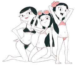 Rule 34 | 3girls, age difference, arm support, armpits, arms up, artist request, bikini, black hair, blunt bangs, breasts, cleavage, dr. hirano, earrings, eyewear on head, family, flat chest, flower, ginger hirano, hair flower, hair ornament, hime cut, jewelry, kneeling, large breasts, lips, looking at viewer, mature female, micro bikini, monochrome, mother and daughter, multiple girls, navel, phineas and ferb, ponytail, siblings, simple background, sisters, small breasts, splooge, stacy hirano, standing, sunglasses, swimsuit, underboob