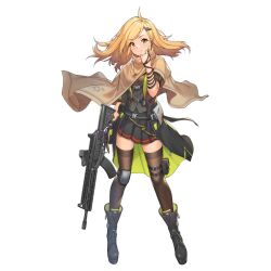 Rule 34 | 1girl, ahoge, arm ribbon, assault rifle, black bag, black footwear, black jacket, black ribbon, black skirt, blonde hair, breasts, brown eyes, brown shirt, brown thighhighs, capelet, closed mouth, colored shoe interior, crazyodin, dog tags, earpiece, full body, galil (girls&#039; frontline), galil (mod3) (girls&#039; frontline), girls&#039; frontline, gloves, grey vest, gun, hair ornament, hexagram, highres, holding, holding gun, holding weapon, imi galil, jacket, knee pads, long hair, looking at viewer, military, military uniform, mod3 (girls&#039; frontline), official art, pleated skirt, pouch, ribbon, rifle, shirt, short sleeves, simple background, single glove, single knee pad, skindentation, skirt, small breasts, smile, solo, standing, thigh pouch, thighhighs, transparent background, trigger discipline, uniform, vest, weapon