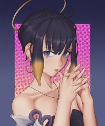Rule 34 | alternate hairstyle, collarbone, dress, eyebrows hidden by hair, gradient background, halo, highres, hololive, hololive english, interlocked fingers, jewelry, looking at viewer, mole, mole under eye, necklace, neon luminous, ninomae ina&#039;nis, ninomae ina&#039;nis (1st costume), solo, strapless, strapless dress, teeth, tentacle hair, virtual youtuber