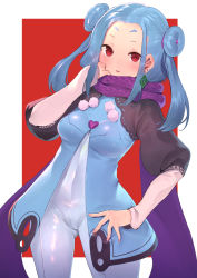 Rule 34 | 1girl, adjusting scarf, blue bodysuit, blue hair, blush, bodysuit, breasts, commentary request, covered navel, cowboy shot, double bun, doughnut hair bun, earrings, enpera, fingernails, forehead, furukawa itsuse, gluteal fold, hair bun, hand on own hip, hand up, heart, highres, jewelry, long hair, long sleeves, looking at viewer, medium breasts, nail polish, original, parted lips, pink nails, pom pom (clothes), puffy sleeves, purple scarf, red background, red eyes, scarf, shrug (clothing), sidelocks, sleeves past wrists, smile, solo, twintails, two-tone background