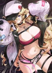 Rule 34 | 1girl, bandeau, belt, black choker, black shorts, black thighhighs, blonde hair, cabbie hat, camisole, choker, commentary, goomrrat, grin, hat, highres, jacket, jewelry, long hair, long sleeves, looking at viewer, micro shorts, midriff, navel, necklace, open clothes, open jacket, original, purple eyes, shorts, smile, solo, spaghetti strap, stomach, thigh strap, thighhighs, thighs, very long hair, white belt, white hat, white jacket