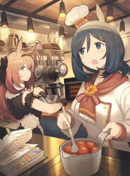 Rule 34 | 2girls, absurdres, ahoge, animal ears, ashinowoto, black hair, blue eyes, blush, book, brown hair, ceiling light, chef, chef hat, closed mouth, commentary request, cooking, dress, eishin flash (collect chocolatier) (umamusume), eishin flash (umamusume), frying pan, hair ornament, hairclip, hat, highres, holding, holding spatula, horse ears, indoors, jacket, kitchen, ladle, long hair, looking at another, medium hair, mihono bourbon (code:glassage) (umamusume), mihono bourbon (umamusume), multiple girls, open book, open mouth, plant, plate, potted plant, sleeveless, sleeveless dress, smile, spatula, stove, sweatdrop, toaster oven, umamusume, upper body, white jacket, wrist cuffs