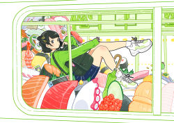 Rule 34 | 1girl, backpack, bag, black hair, blue skirt, blush, book, bookmark, closed umbrella, clothes writing, commentary request, cross-laced footwear, cucumber, cucumber slice, cup, disposable cup, fish (food), floating, food, from outside, from side, full body, game console, green shirt, gunkanmaki, hair bun, hair ornament, hairclip, half updo, hand grip, headphones, headphones removed, highres, in food, looking at viewer, makizushi, miniskirt, nigirizushi, octopus, omelet, open book, original, outstretched arm, oversized food, oversized object, pencil skirt, pointing, pointing at self, reclining, sashimi, shirt, shoes, short hair, shrimp, single hair bun, skirt, sleeves past wrists, sneakers, socks, solo, sushi, train, umbrella, window, yoshimon