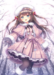 Rule 34 | 1girl, :d, beret, black footwear, black gloves, black pantyhose, blue eyes, blunt bangs, blush, boots, bow, breasts, brown hair, buttons, capelet, caplet, capura lin, coat, forest, from below, fur trim, gloves, grey hair, hair bobbles, hair ornament, hair ribbon, hat, hat ribbon, head tilt, knee boots, lace, long hair, looking at viewer, nature, open mouth, original, outdoors, outline, outstretched hand, pantyhose, petticoat, plaid, pleated skirt, pom pom (clothes), ribbon, sash, skirt, small breasts, smile, snowing, solo, standing, star (symbol), star hair ornament, tree, twintails, two side up, very long hair, winter clothes