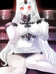 Rule 34 | 10s, 1girl, abyssal ship, breasts, claws, detached sleeves, dress, glowing, glowing eyes, horns, kantai collection, large breasts, long hair, maki (seventh heaven maxion), pale skin, red eyes, ribbed dress, seaport princess, short dress, sideboob, single horn, solo, sweater, sweater dress, thighs, very long hair, white hair