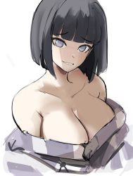 Rule 34 | 1girl, bad id, bad twitter id, bare shoulders, black hair, breasts, cleavage, closed mouth, highres, hyuuga hinata, large breasts, mature female, naruto, naruto (series), rakeemspoon, short hair, simple background, sleeveless, smile, solo, strapless, white background, white eyes