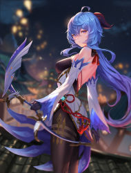Rule 34 | 1girl, ahoge, ass, back, bare shoulders, black gloves, black pantyhose, blue hair, blush, bodystocking, bow, bow (weapon), breasts, brown pantyhose, detached sleeves, dress, elbow gloves, ganyu (genshin impact), genshin impact, gloves, highres, holding, holding bow (weapon), holding weapon, horns, large breasts, long hair, looking at viewer, pantyhose, purple eyes, sansan (dongfangzhong111), smile, solo, thighs, weapon, white dress