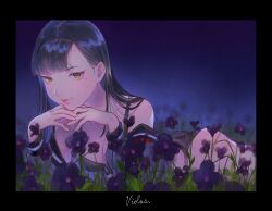 Rule 34 | 1girl, bare shoulders, black bra, black hair, black panties, blue background, blunt bangs, bomhat, bra, closed mouth, cowboy shot, eyelashes, fate (series), field, fingernails, flower, flower field, grass, grey shirt, hair behind ear, head rest, highres, lipstick, long hair, long sleeves, looking at viewer, makeup, mole, mole under eye, no pants, off shoulder, on ground, open clothes, open shirt, original, own hands together, panties, purple flower, purple theme, shirt, smile, solo, straight hair, underwear, yellow eyes