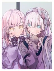 Rule 34 | 2girls, alternate costume, anastasia (fate), ashita kura, blue eyes, blush, commentary, earrings, eyes visible through hair, fate/grand order, fate (series), hair between eyes, hair over one eye, hairband, hands on own cheeks, hands on own face, highres, jewelry, long hair, long sleeves, looking at viewer, medb (fate), multiple girls, pink hair, selfie, sidelocks, silver hair, smile, sweater, yellow eyes