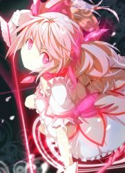 Rule 34 | 10s, 1girl, arrow (projectile), bow, hair bow, kaname madoka, looking at viewer, magic circle, magical girl, mahou shoujo madoka magica, mahou shoujo madoka magica (anime), ogipote, pink eyes, pink hair, short twintails, skirt, solo, twintails