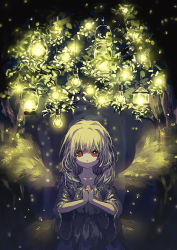 Rule 34 | 1girl, closed mouth, collarbone, fireflies, lantern, long hair, long sleeves, looking at viewer, original, outdoors, own hands together, plant, rabbit monster, red eyes, sidelocks, smile, solo, standing, tree, wings