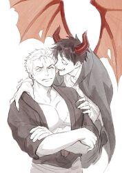 Rule 34 | 2boys, arm around shoulder, biting, blood drip, blood on mouth, blush, cape, closed mouth, crossed arms, demon boy, demon horns, demon wings, ear biting, facial scar, fangs, fingernails, flying, greyscale, haramaki, highres, horns, injury, looking at another, male focus, monkey d. luffy, monochrome, multiple boys, nok (nok 1), one eye closed, one piece, pectoral cleavage, pectorals, roronoa zoro, scar, scar across eye, scar on cheek, scar on chest, scar on face, sharp fingernails, short hair, sideburns, smile, spot color, upper body, wide-eyed, wince, wings, yaoi