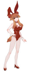 Rule 34 | 1girl, absurdres, alternate costume, animal ears, bactrian camel (kemono friends), blunt bangs, blush, bow, bowtie, brown eyes, brown hair, bun cover, camel ears, camel girl, camel tail, detached collar, double bun, extra ears, fake animal ears, fishnets, full body, hair bun, high heels, highres, kemono friends, leotard, long hair, looking at viewer, ookii yama, playboy bunny, rabbit ears, red bow, red bowtie, red footwear, red headwear, red leotard, sidelocks, smile, solo, strapless, strapless leotard, wrist cuffs